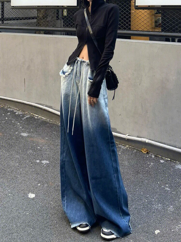 Módne priateľské kontrastné gradientové džínsy s kožušinovou podšívkou, dámske oblečenie, voľné streetwear s vysokým pásom, široké nohavice, džínsové nohavice