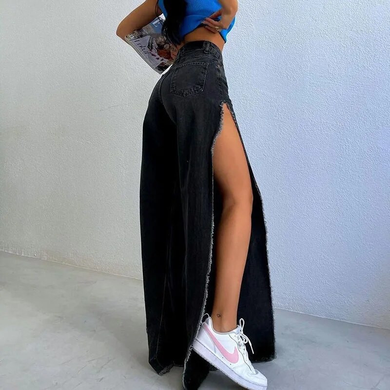 Džinsai su aukštu liemeniu, šoniniai, moteriški, laisvalaikio laisvi juodos kelnės Gatvės drabužiai Rudens plačios kojos, ilgas maišelis Y2k džinsai XY23154SK