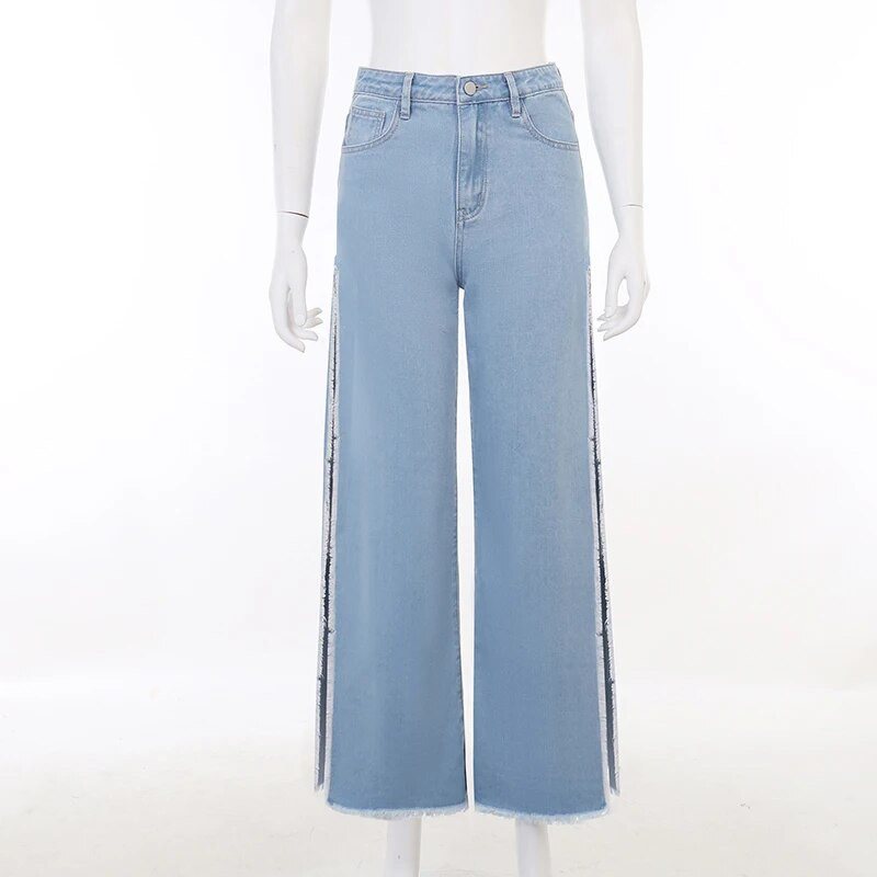 Džinsai su aukštu liemeniu, šoniniai, moteriški, laisvalaikio laisvi juodos kelnės Gatvės drabužiai Rudens plačios kojos, ilgas maišelis Y2k džinsai XY23154SK