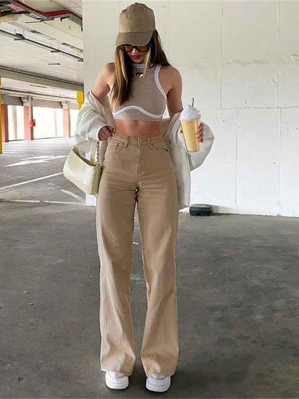 JAUNI Brūni džinsi Modes Y2K sieviešu bikses ar augstu vidukli, izstieptas, platas sieviešu bikses, ikdienas komforta džinsa auduma bikses, mazgātas džinsu bikses