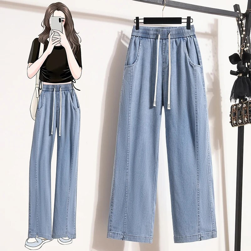 Vasaras mīksts ledus zīda džinsi sievietēm elastīgs viduklis platas kājas bikses Femme plānas brīvas ikdienas potītes garums, forši džinsa bikses Mujer zila