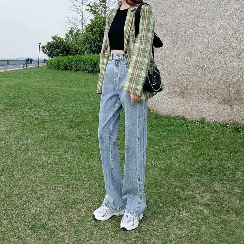 Feynzo Sieviešu bikses Sieviešu džinsi ar augstu vidukli džinsa bikses platas džinsa apģērbs zili džinsi vintage kvalitātes modes taisnas bikses