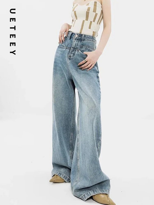 UETEEY zili džinsi ar augstu vidukli, platas kājas baggy bikses Streetwear bikses Y2k Fashion 2023 vintage džinsa bikses taisni džinsi