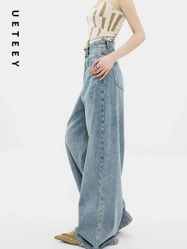 UETEEY zili džinsi ar augstu vidukli, platas kājas baggy bikses Streetwear bikses Y2k Fashion 2023 vintage džinsa bikses taisni džinsi