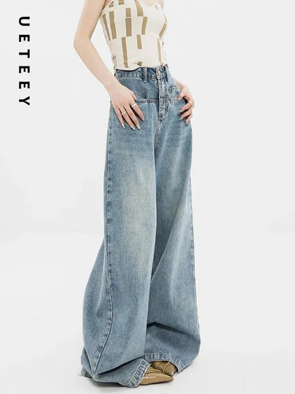 UETEEY zili džinsi ar augstu vidukli, platas kājas baggy bikses Streetwear bikses Y2k Fashion 2023 vintage džinsa bikses taisni džinsi