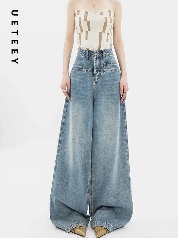 UETEEY zili džinsi ar augstu vidukli, platas kājas baggy bikses Streetwear bikses Y2k Fashion 2023 vintage džinsa bikses taisni džinsi