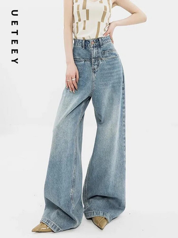 UETEEY zili džinsi ar augstu vidukli, platas kājas baggy bikses Streetwear bikses Y2k Fashion 2023 vintage džinsa bikses taisni džinsi