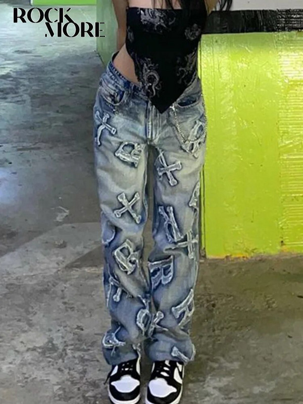 Rockmore Patchwork Sieviešu džinsi Y2K Streetwear Baggy Straight Cargo bikses Punk augsta jostasvieta, plata kāja džinsa bikses 90. gadu vintage
