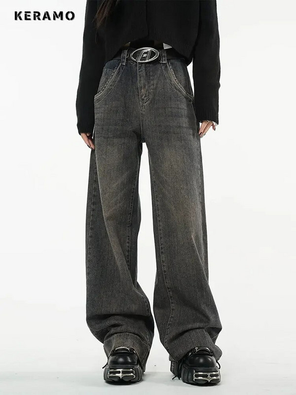 Harajuku džinsai aukštu juosmeniu Gatvės apranga Baggy Jeans Hip-hop Moteriškos kelnės rudens žiemos tiesios plačios kojos džinsai 2023 m.