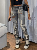 Sifreyr Fashion Cotton Hole Jeans Γυναικεία Παντελόνια με στοίβαξη Y2K Casual Chic print Σκισμένο τζιν στενό παντελόνι Γκρι ελαστικό λεπτό τζιν
