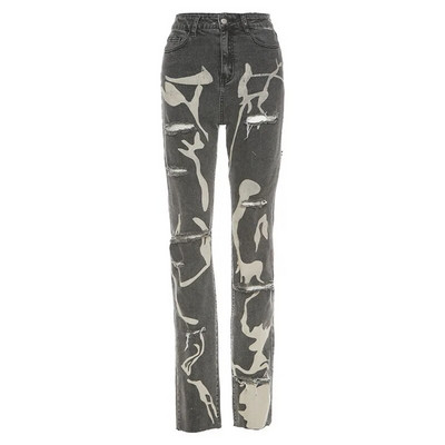 Sifreyr Fashion Cotton Hole Jeans Γυναικεία Παντελόνια με στοίβαξη Y2K Casual Chic print Σκισμένο τζιν στενό παντελόνι Γκρι ελαστικό λεπτό τζιν