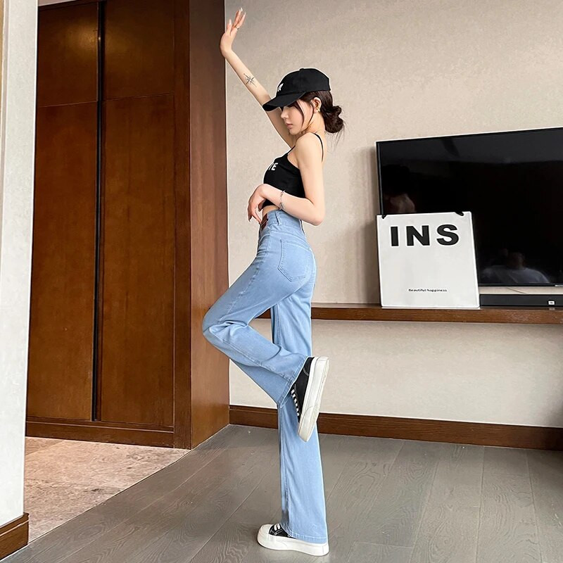 Vasaros itin ploni lyocell moteriški džinsai aukštu juosmeniu tiesios mados kelnės Gatvės drabužiai Laisvalaikio moteriškos džinsinės kelnės plačiomis kojomis