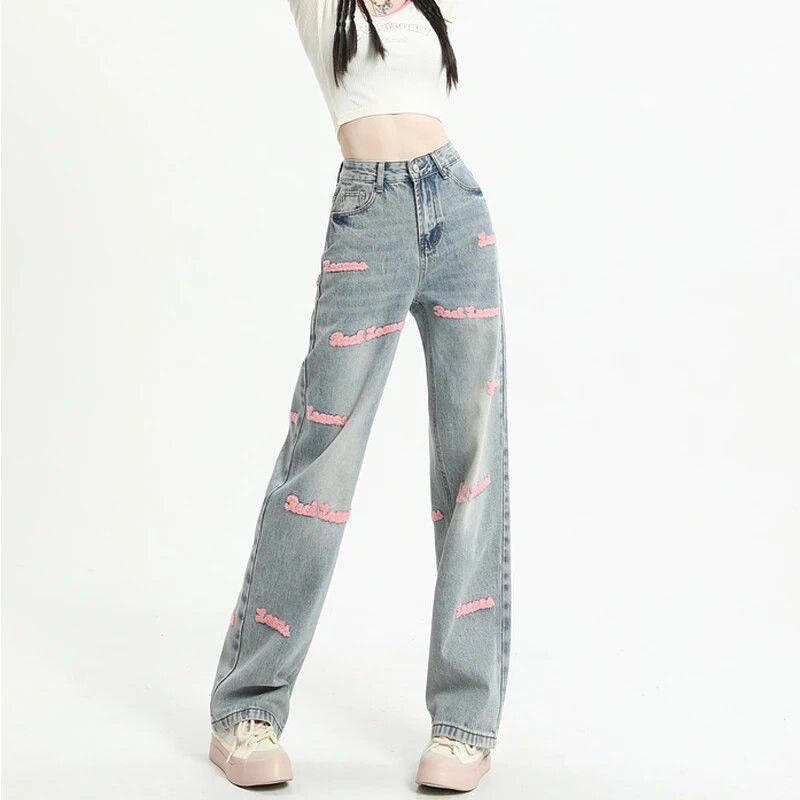 Tiesūs džinsai aukštu liemeniu, skirti Y2k moterims, vasarinė korėjietiška „Dongdaemun“ 2023 m. „Femme“ kelnės, mėlynos džinsinės kelnės, vintažinės