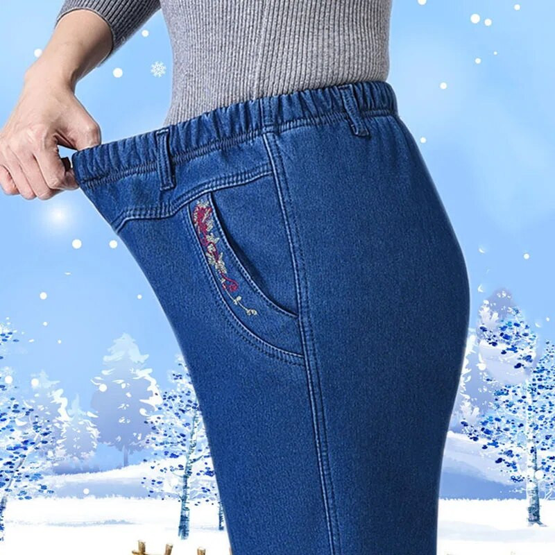 Ziemas plīša samta odere Džinsi Taisni džinsa bikses Mamma ar augstu vidukli, izšūti Baggy Vaqueros Vintage Thicken Warm Kot Pantolon
