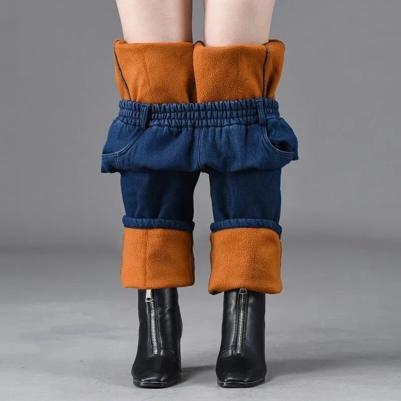 Ziemas plīša samta odere Džinsi Taisni džinsa bikses Mamma ar augstu vidukli, izšūti Baggy Vaqueros Vintage Thicken Warm Kot Pantolon