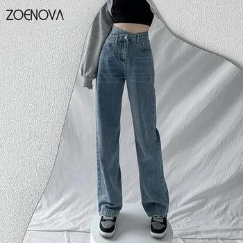 ZOENOVA Baggy Straight Jeans Y2K Office Lady Дамски свободни панталони Модни светло сини кръстосани ретро панталони с висока талия с нов дизайн