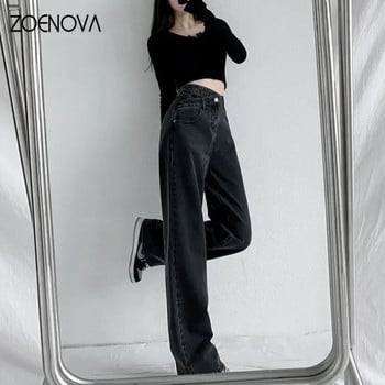 ZOENOVA Baggy Straight Jeans Y2K Office Lady Дамски свободни панталони Модни светло сини кръстосани ретро панталони с висока талия с нов дизайн