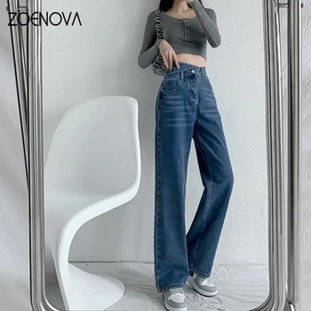 ZOENOVA Baggy Straight Jeans Y2K Office Lady Дамски свободни панталони Модни светло сини кръстосани ретро панталони с висока талия с нов дизайн