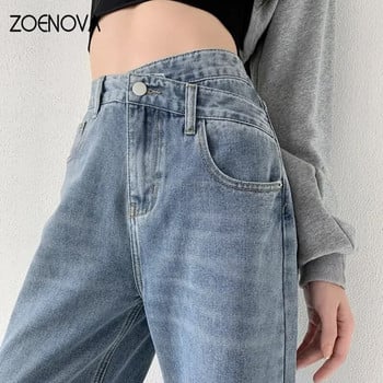 ZOENOVA Baggy Straight Jeans Y2K Office Lady Дамски свободни панталони Модни светло сини кръстосани ретро панталони с висока талия с нов дизайн