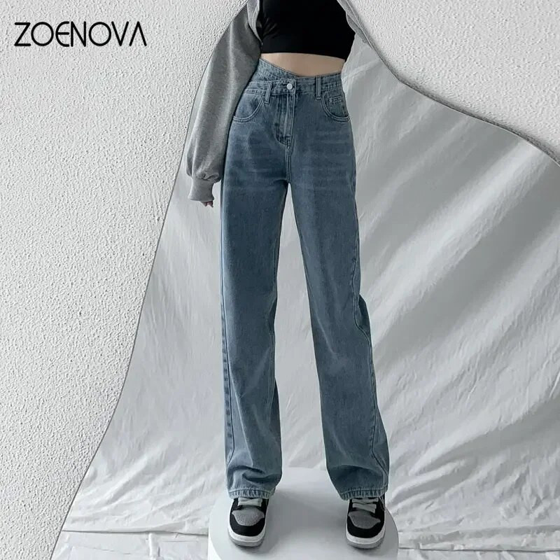 ZOENOVA Baggy Straight Jeans Y2K Office Lady sieviešu brīvas bikses modes gaiši zils krusts ar augstu vidukli jauna dizaina retro bikses