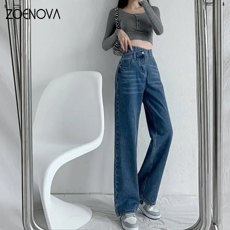 ZOENOVA Baggy Straight Jeans Y2K Office Lady sieviešu brīvas bikses modes gaiši zils krusts ar augstu vidukli jauna dizaina retro bikses