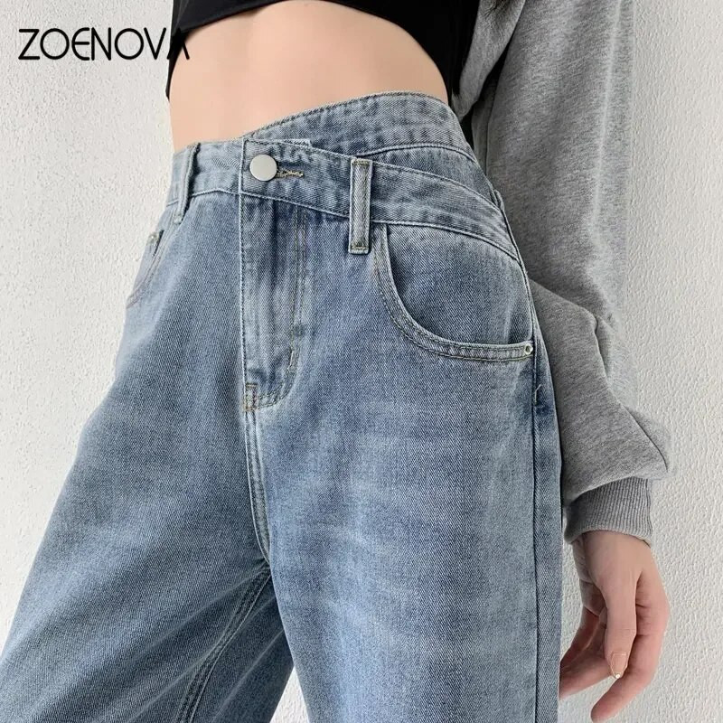 ZOENOVA Baggy Straight Jeans Y2K Office Lady sieviešu brīvas bikses modes gaiši zils krusts ar augstu vidukli jauna dizaina retro bikses