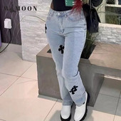 Sieviešu džinsi ar krustu apdruku, 2023. gada ikdienišķas ar zemu jostasvietu, vintage, taisnas džinsa bikses Cyber Y2k Goth bikses, modes mammas džinsi