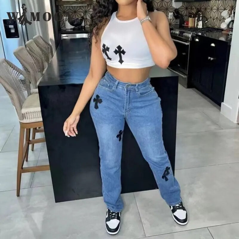 Sieviešu džinsi ar krustu apdruku, 2023. gada ikdienišķas ar zemu jostasvietu, vintage, taisnas džinsa bikses Cyber Y2k Goth bikses, modes mammas džinsi