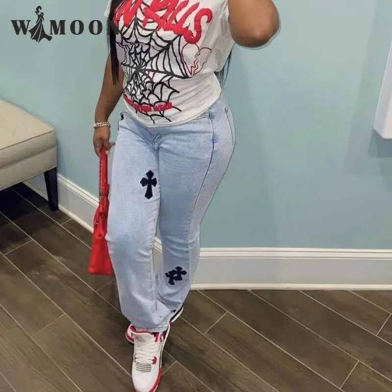 Sieviešu džinsi ar krustu apdruku, 2023. gada ikdienišķas ar zemu jostasvietu, vintage, taisnas džinsa bikses Cyber Y2k Goth bikses, modes mammas džinsi