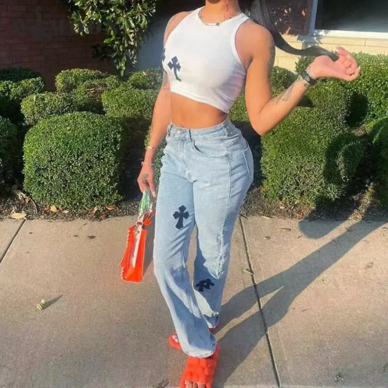 Sieviešu džinsi ar krustu apdruku, 2023. gada ikdienišķas ar zemu jostasvietu, vintage, taisnas džinsa bikses Cyber Y2k Goth bikses, modes mammas džinsi
