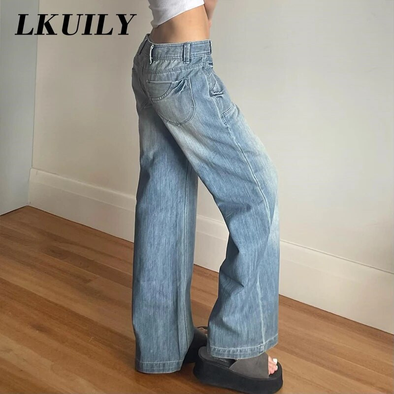 Retro džinsi Sieviešu Modes Sieviešu Apģērbi Brīvi Ikdienas Džinsi Vidēji Viduklis Y2K Ielas apģērbs Estētika Masīvas, taisnas bikses
