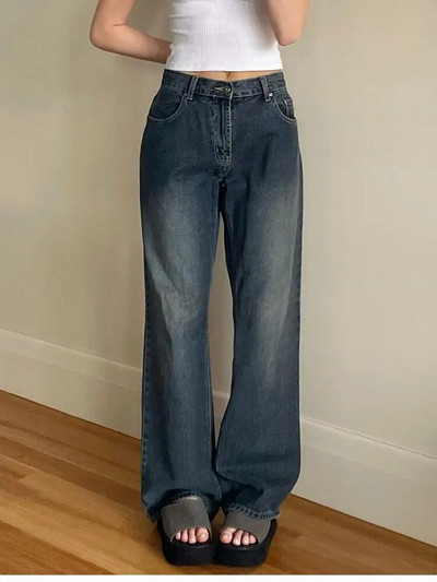 Džinsi ar augstu vidukli Sieviešu džinsi, 2022. gada jauni, taisni bikses, Y2k džinsa bikses, vintage, brīvi zili, mazgāti mammas džinsi
