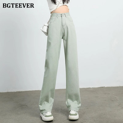 BGTEEVER šiks pavasara vasaras brīvas kabatas Sieviešu platas džinsa bikses Modes ar augstu vidukli Sieviešu masīvas taisnas džinsu bikses