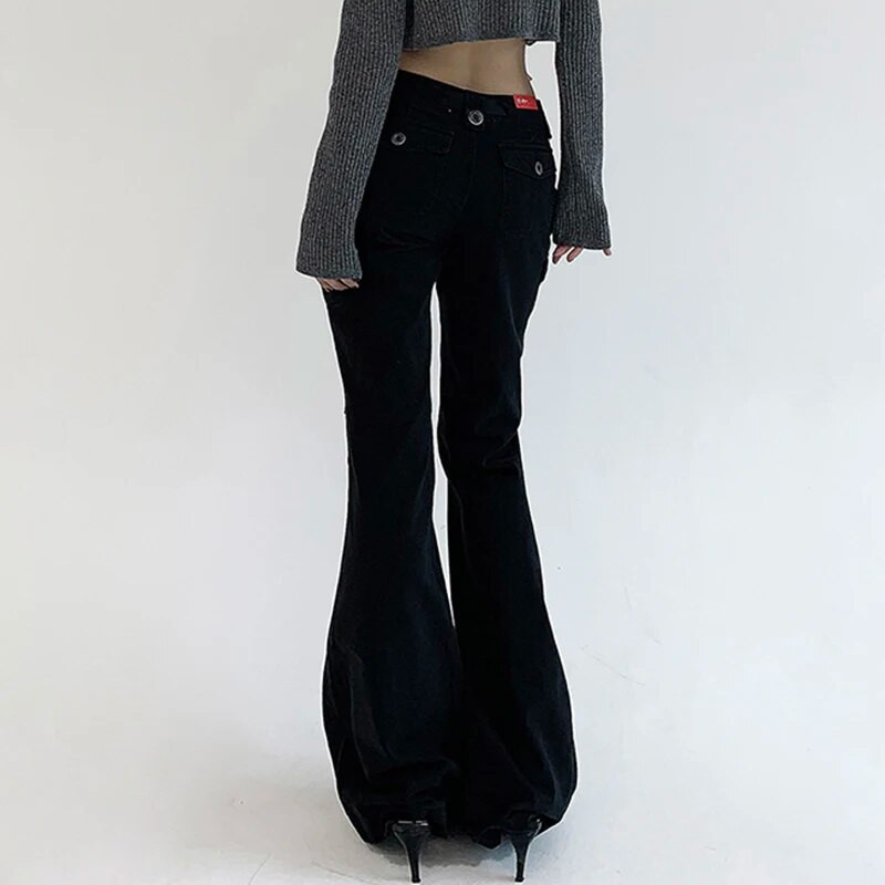 IAMHOTTY Casual Basics Flare Džinsi Brūns Melns Vispārpiemērots Street Style Boot Cut Džinsu Bikses Augsts Viduklis Vintage Bikses Sievietēm Y2K