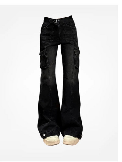 High Street Office Lady Black Flare Jeans Slim Bell Bottoms Gyaru Fashion Τζιν παντελόνι Πολλαπλές τσέπες 2000s American Retro