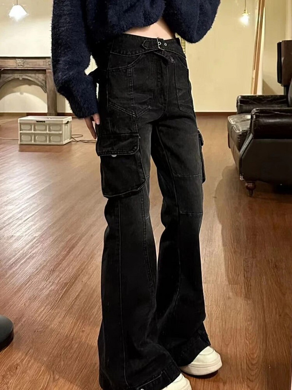 High Street Office Lady Black Flare Džinsi Slim Bell Botts Gyaru Modes Džinsu Bikses Vairākas Kabatas 2000. gadu amerikāņu retro