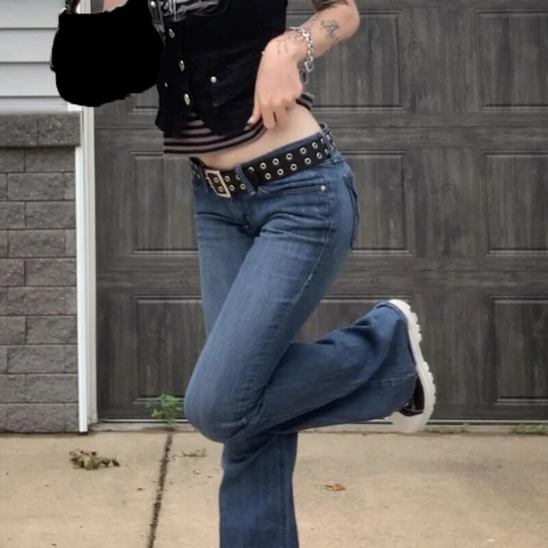 Seksīgi džinsi ar zemu vidukli, sieviešu vintage, satrauktas, šauri zābaku piegriezuma džinsa bikses Y2k modes zili zvana apakšas džinsi ielas apģērbs