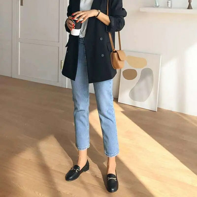 Sieviešu taisni džinsi 2023. gada pavasarī, korejiešu modes ar augstu vidukli, retro slaidi ielas apģērbi, draugs ar cigaretēm mazgātas džinsa bikses meitenei