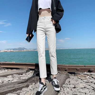 Sieviešu taisni džinsi 2023. gada pavasarī, korejiešu modes ar augstu vidukli, retro slaidi ielas apģērbi, draugs ar cigaretēm mazgātas džinsa bikses meitenei