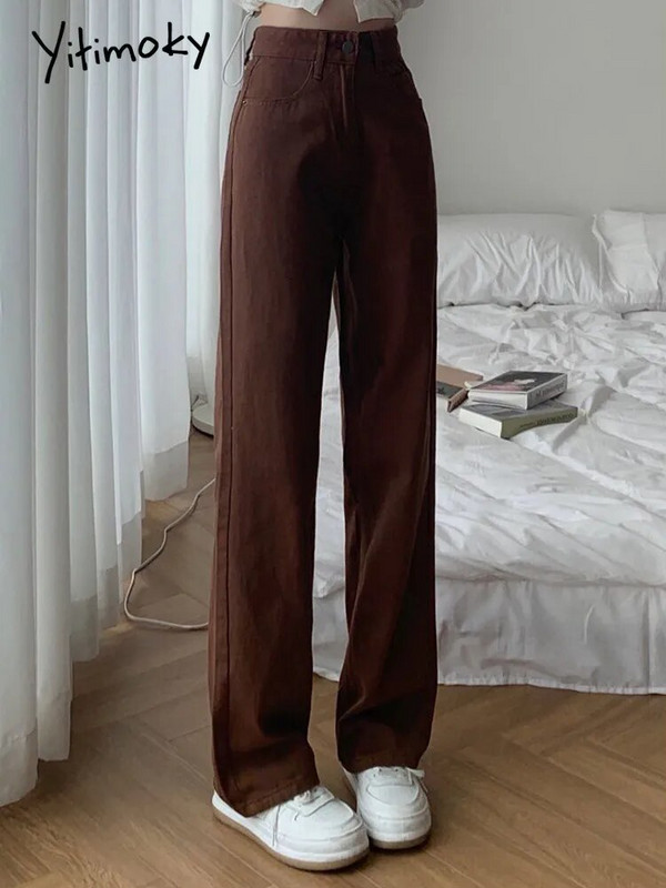 Cotvotee Brūni sieviešu džinsi ar augstu vidukli, taisni platas kājas džinsa Y2k bikses Streetwear vintage bikses Mom Jean pilnā garumā