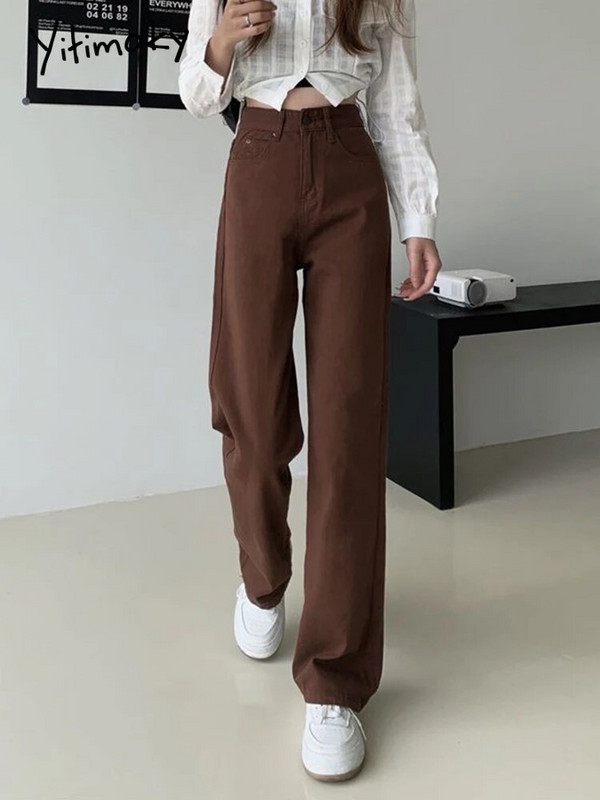 Cotvotee Brūni sieviešu džinsi ar augstu vidukli, taisni platas kājas džinsa Y2k bikses Streetwear vintage bikses Mom Jean pilnā garumā