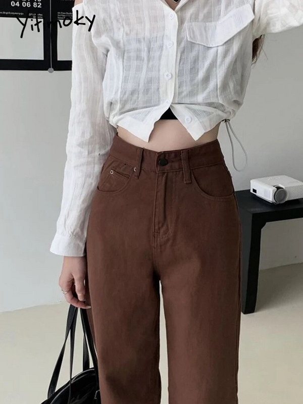 Cotvotee Brūni sieviešu džinsi ar augstu vidukli, taisni platas kājas džinsa Y2k bikses Streetwear vintage bikses Mom Jean pilnā garumā