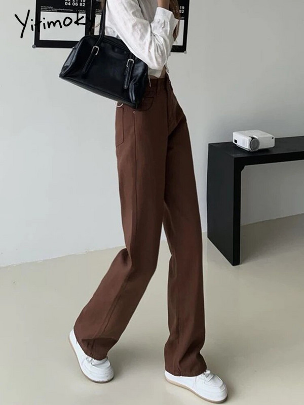 Cotvotee Brūni sieviešu džinsi ar augstu vidukli, taisni platas kājas džinsa Y2k bikses Streetwear vintage bikses Mom Jean pilnā garumā