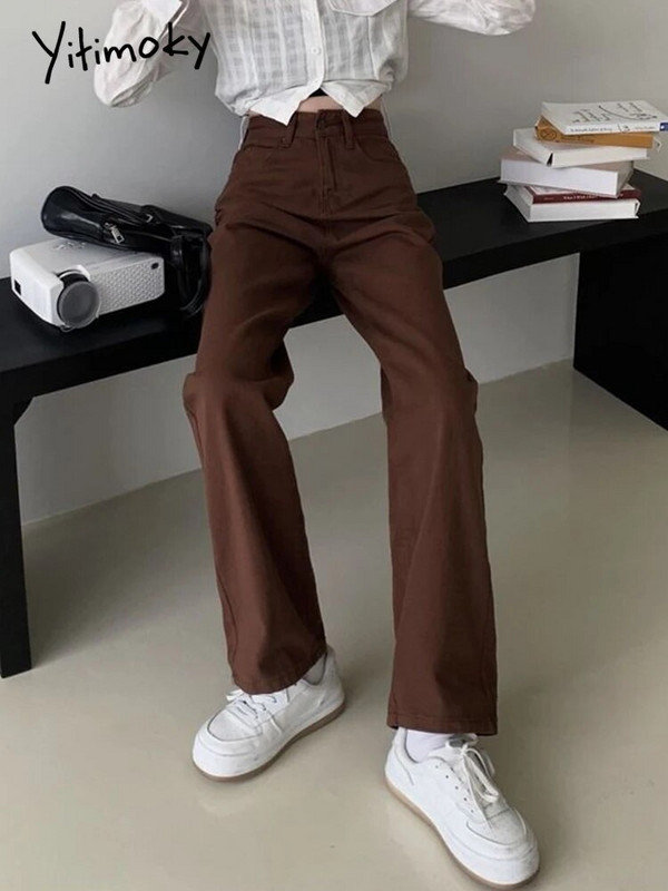 Cotvotee Brūni sieviešu džinsi ar augstu vidukli, taisni platas kājas džinsa Y2k bikses Streetwear vintage bikses Mom Jean pilnā garumā