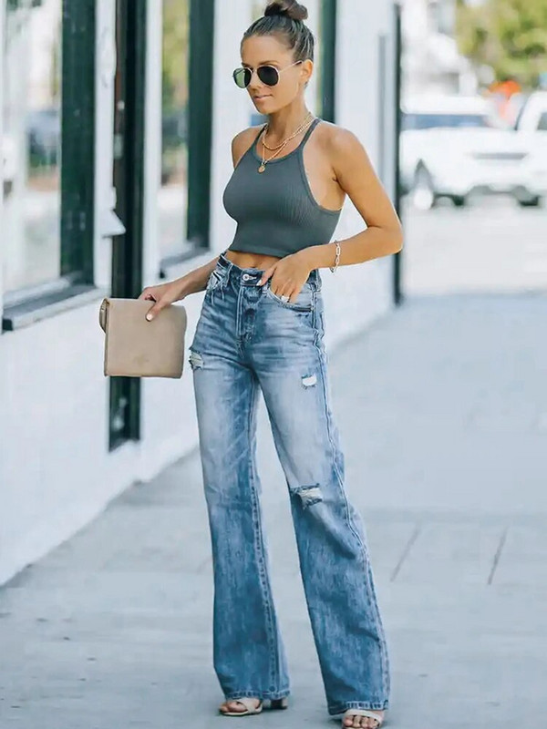 Jauni Eiropas un Amerikas elastīgie džinsi, mazgāti plēstas, platas džinsa dāmu bikses karsti plānas, sabojātas