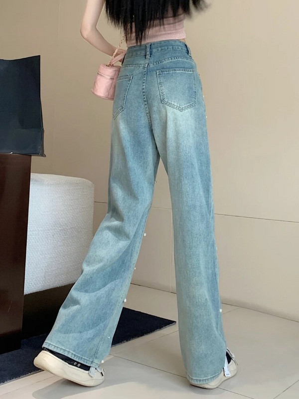 Džinsai Moteriški siuvinėti paryškinimai Prašmatnūs, saldus naujas pavasaris Ulzzang stilingi laisvi aukštu juosmeniu studentai, skirti kasdien šluostyti