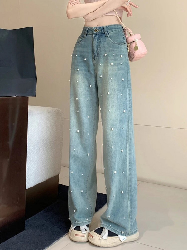 Džinsai Moteriški siuvinėti paryškinimai Prašmatnūs, saldus naujas pavasaris Ulzzang stilingi laisvi aukštu juosmeniu studentai, skirti kasdien šluostyti