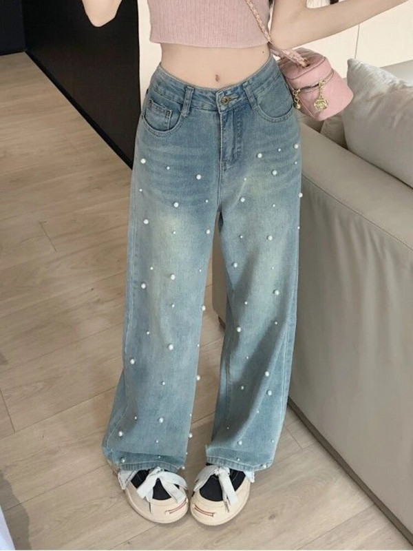 Džinsai Moteriški siuvinėti paryškinimai Prašmatnūs, saldus naujas pavasaris Ulzzang stilingi laisvi aukštu juosmeniu studentai, skirti kasdien šluostyti