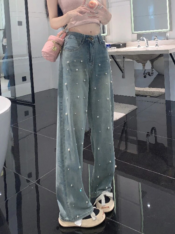 Džinsai Moteriški siuvinėti paryškinimai Prašmatnūs, saldus naujas pavasaris Ulzzang stilingi laisvi aukštu juosmeniu studentai, skirti kasdien šluostyti