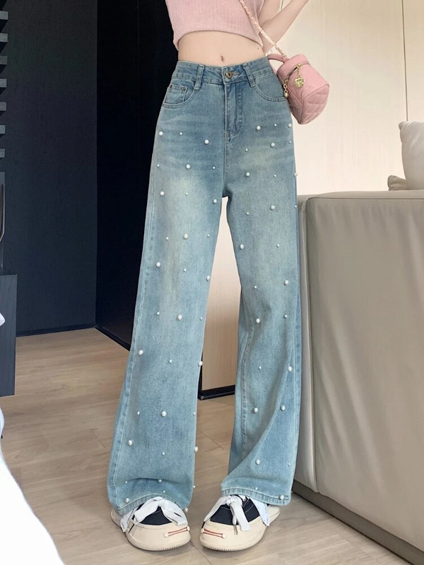 Džinsai Moteriški siuvinėti paryškinimai Prašmatnūs, saldus naujas pavasaris Ulzzang stilingi laisvi aukštu juosmeniu studentai, skirti kasdien šluostyti